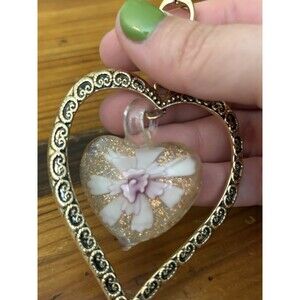 Vtg Roman Company Art Glass Heart Pendant White Purple Botanical Stamped RMN